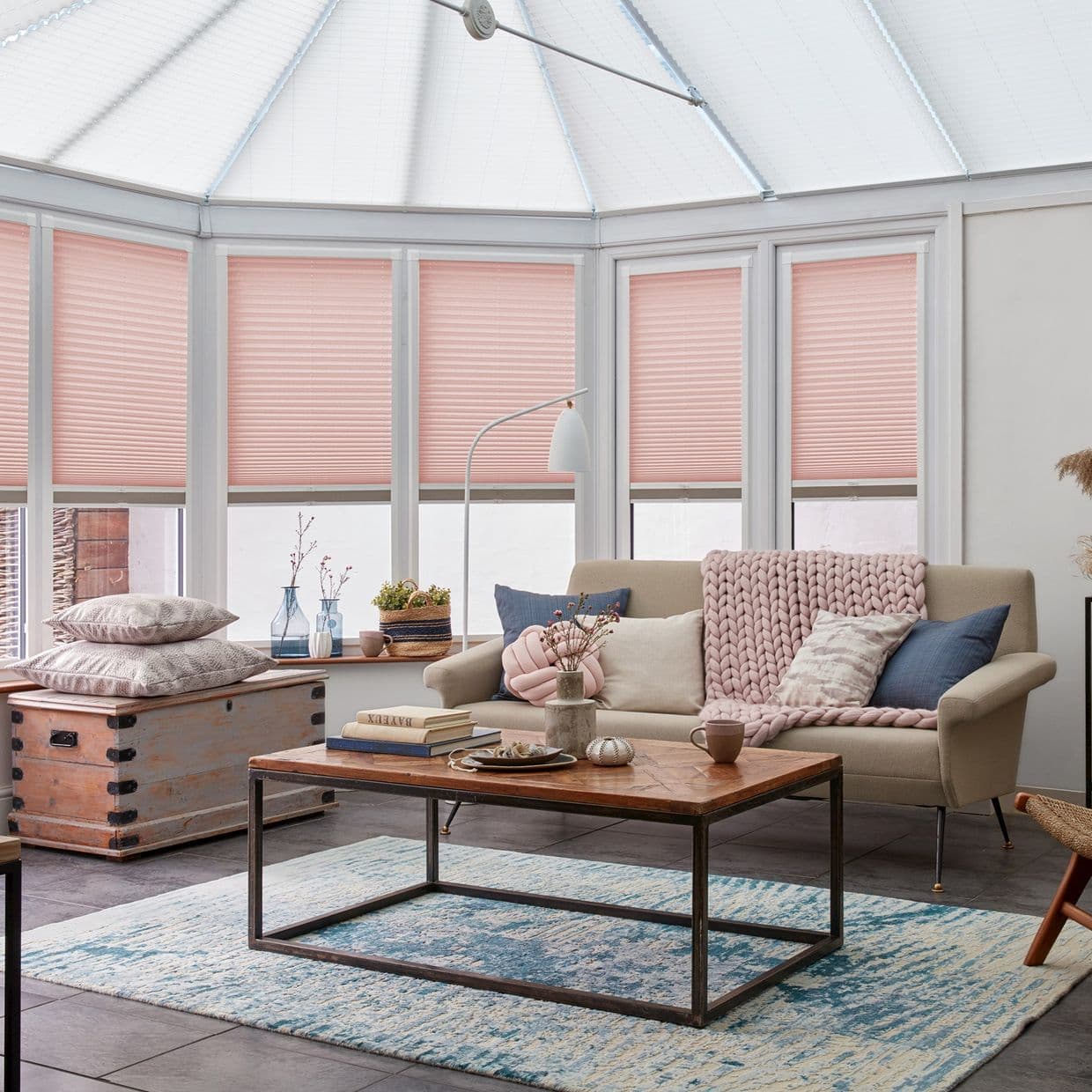 Crush Blush Pink Conservatory Side Pleated Blind