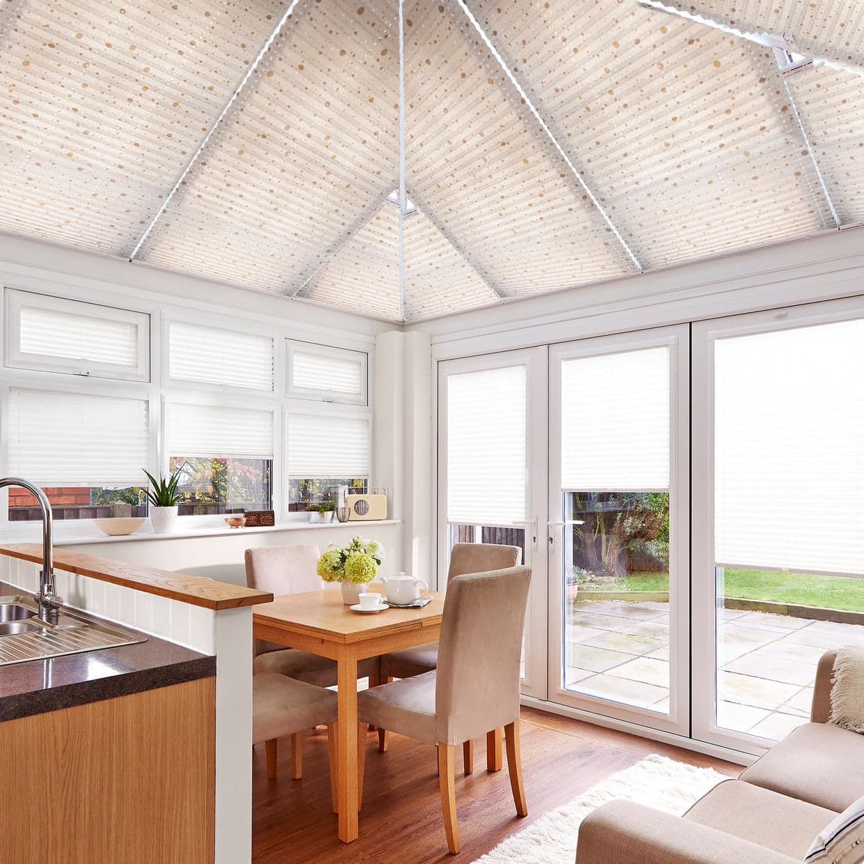 Sparkle Dots White/Gold Conservatory Roof Pleated Blind